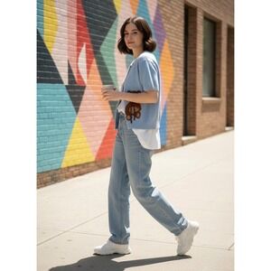 BiBi Light Blue Short Sleeve Teddy Bear Cardigan Sweater with Bows Size M